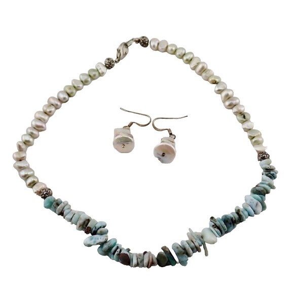 Squashed Pearl Blue Shell Beaded Chocker Necklace & Matching Hook Earring Set - Picture 2 of 7